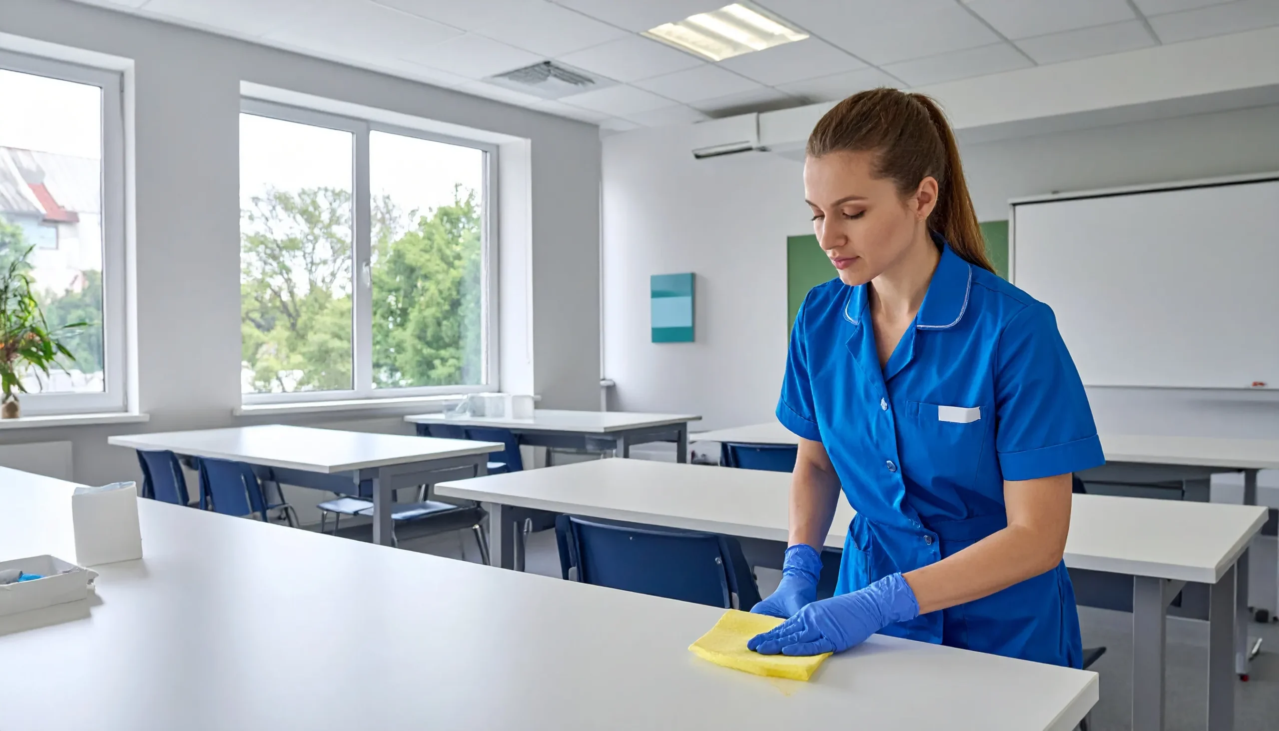 Reinigungskraft wischt Tische in einem Klassenzimmer – Schulreinigung in München